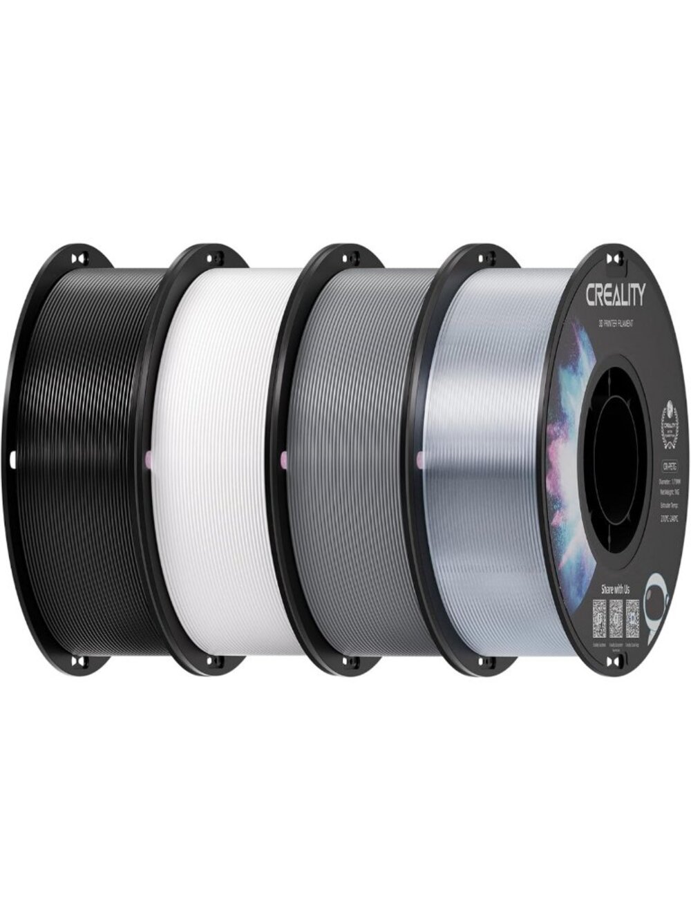 4-Pack 1.75mm PETG Filament - Black, White, Gray & Clear - High-Quality 3D